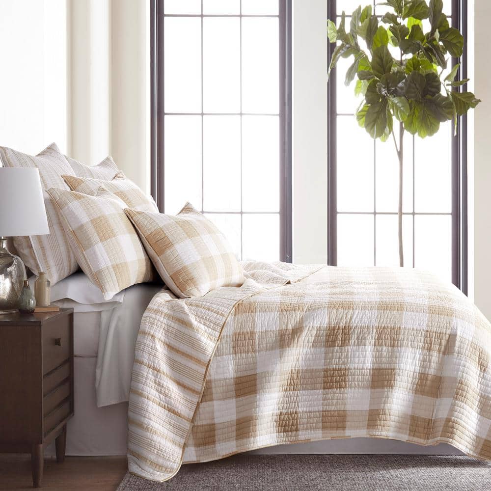 Camden Farmhouse Taupe and Cream Cotton King Quilt Set with Reversible Pattern
