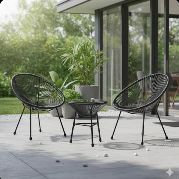 Black 3-Piece Metal Ergonomic Outdoor Bistro Set with Breathable