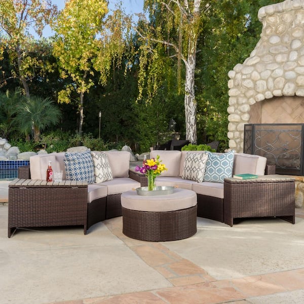 Noble House Lachlan Brown 8-Piece Wicker Outdoor Sectional Set with Textured Beige Cushions