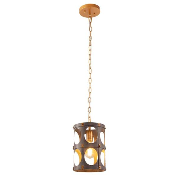 Emeritpro 1-Light Wood Grain Pendant Light with Gold Cylindrical Shade and E26 Base Hanging Fixture No Bulb Included