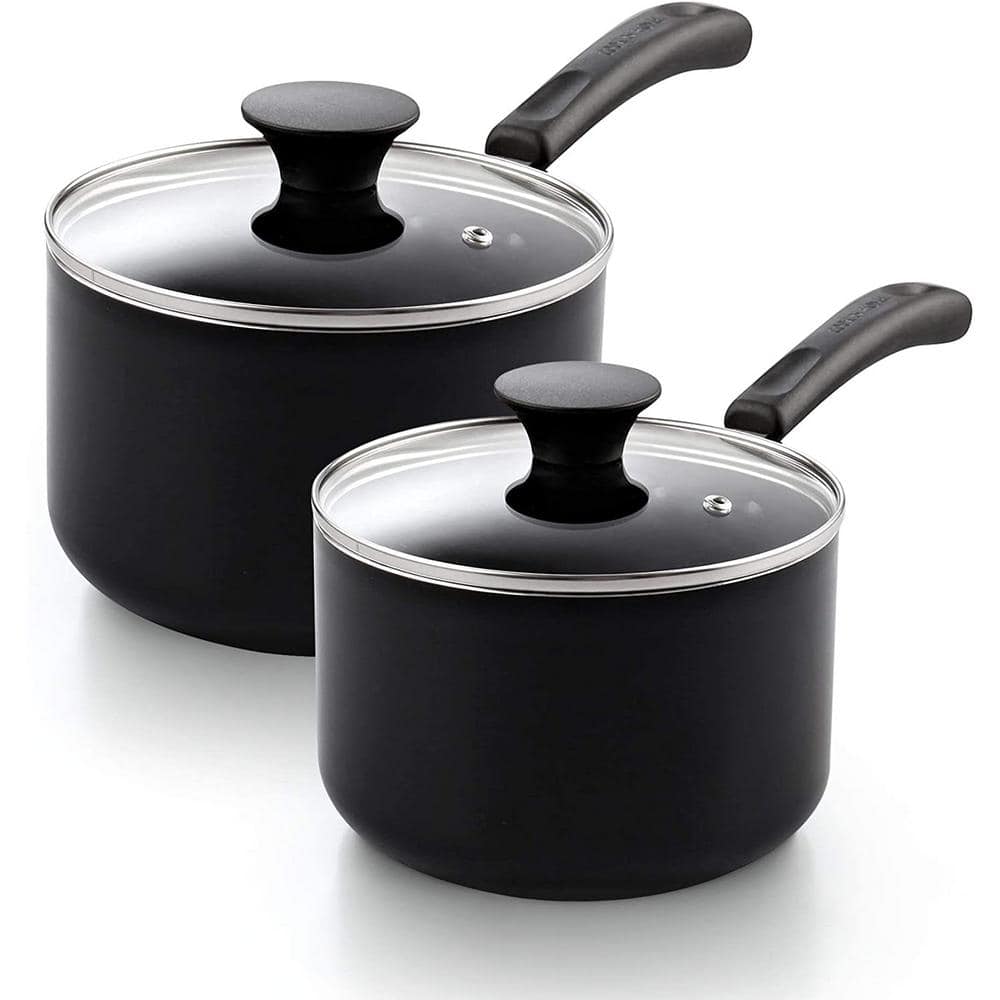 Cook N Home 1 qt. and 2 qt. 2-Piece Black Aluminum Nonstick Saucepan with Glass Lid