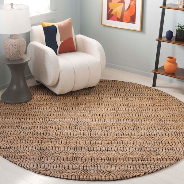 Natural Fiber 7 ft. x 7 ft. Natural/Black Trellis Geometric Round Area Rug