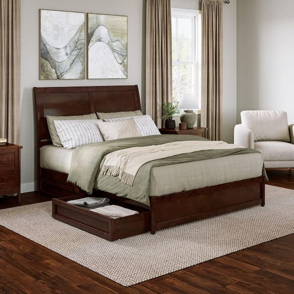AFI Andorra Walnut Brown Solid Wood Frame Queen Platform Bed with Panel Footboard and Storage-Drawers