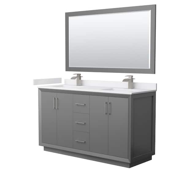 Wyndham Collection Strada 60 in. W x 22 in. D x 35 in. H Double Bath Vanity in Dark Gray with White Cultured Marble Top and 58 in. Mirror