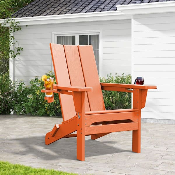 JEAREY Classic Dark Orange Folding Plastic Adirondack Chair with Double Cup Holder