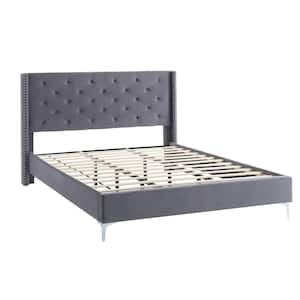 Grey Velvet Tufted Queen Bed Frame with Upholstered Headboard No Box Spring Needed