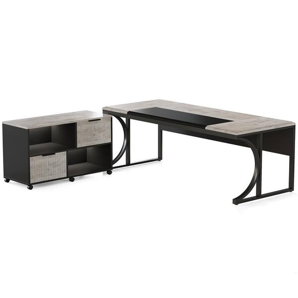 BYBLIGHT Capen 63 in. Gray and Black Wood Executive Desk Writing Table Mobile Business Furniture with Drawers Storage