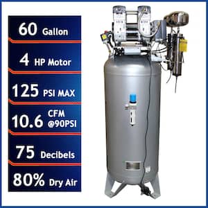 60 Gal. Stationary Ultra Quiet, Oil-Free 4.0 HP Electric Air Compressor with Air Drying System and Automatic Drain Valve