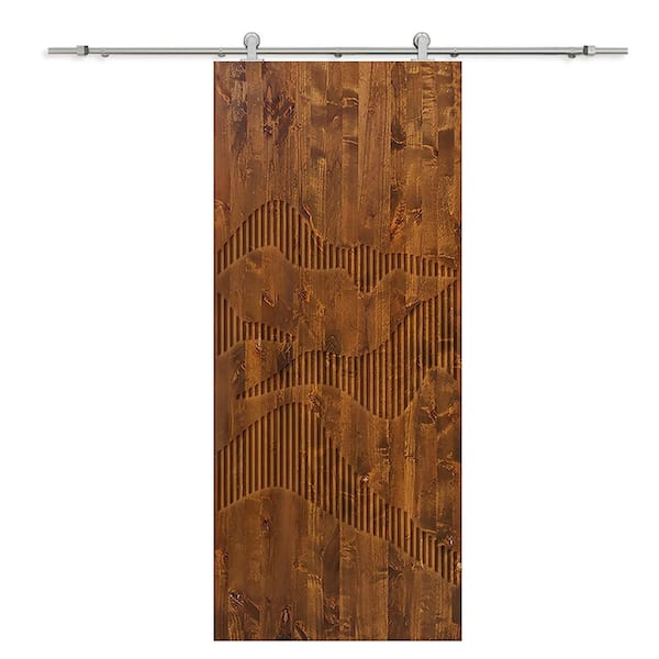 CALHOME 38 in. x 96 in. Walnut Stained Pine Wood Modern Interior Sliding Barn Door with Hardware Kit