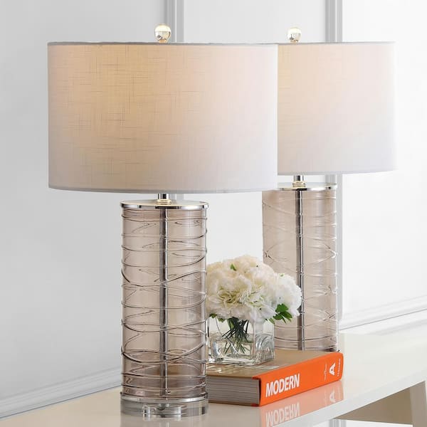 JONATHAN Y Cole 27.5 in. Modern Fused Glass Cylinder LED Table Lamp, Smoky Gray (Set of 2)