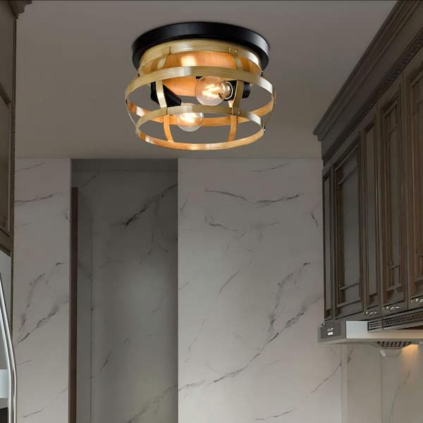 Maxax Springfield 11.81 in. 2-Light Wood/Black Metal Natural Flush Mount Lighting Bedroom Ceiling Lights