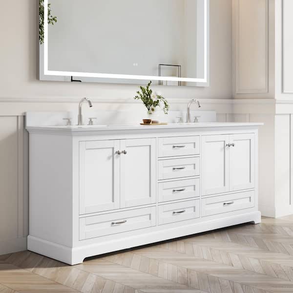 80 in. Double Sink Freestanding White Bath Vanity with White Cultured Marble Top and Backsplash (Fully Assembled)