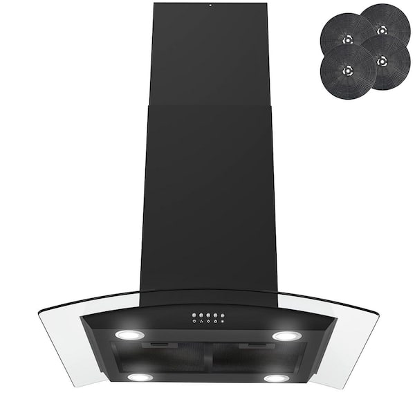 30 in. 350 CFM Convertible Island Mount Range Hood in Black Painted Stainless Steel with Glass and 2-Set Carbon Filter