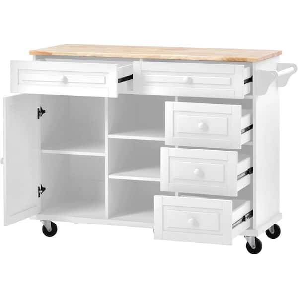 ARTCHIRLY Brown Solid Wood Top 53.1 in. White Kitchen Island with Drop Leaf, Cabinet Door Internal Storage Racks and 3-Drawers