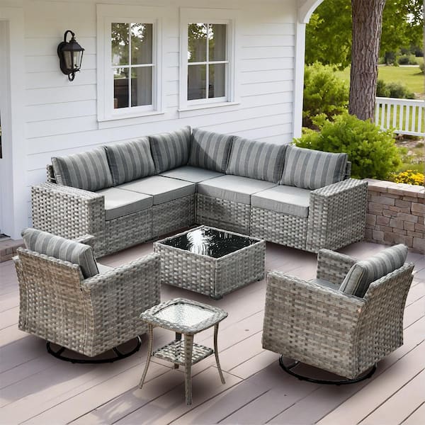 XIZZI Beatrice 9-Piece Wicker Patio Conversation Seating Sofa Set with Gray Stripe Cushions and Swivel Rocking Chairs
