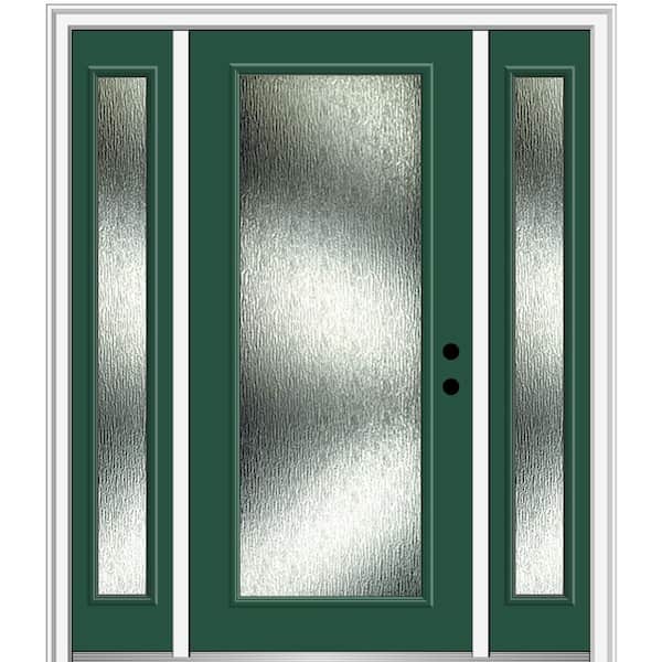 MMI Door 60 in. x 80 in. Left-Hand Inswing Rain Glass Hunter Green Fiberglass Prehung Front Door on 4-9/16 in. Frame