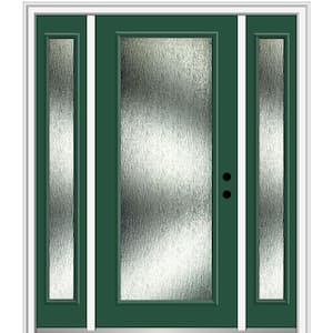 64 in. x 80 in. Left-Hand Inswing Rain Glass Hunter Green Fiberglass Prehung Front Door on 6-9/16 in. Frame