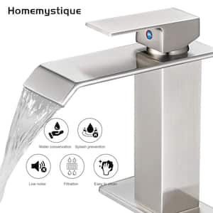 Single-Handle Waterfall Single-Hole Bathroom Sink Faucet with Pop-Up Drain and Deckplate Included in Brushed Nickel