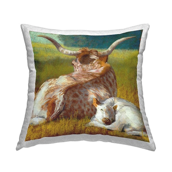 Stupell Industries Longhorn Cattle Relaxing Landscape Multi-Color Square Outdoor Throw Pillow