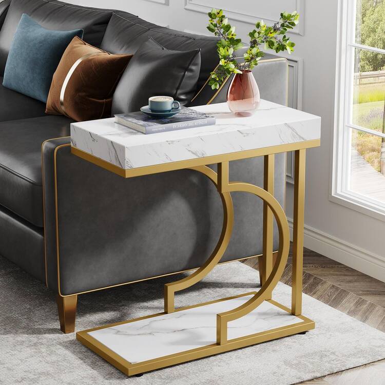 BYBLIGHT Kerlin 23.6 in. White and Gold Rectangle Wood Narrow End Table 2Tier Side Table with Metal Frame for Living Room 1-Piece
