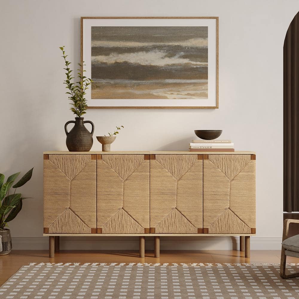 Brown Mid-Century Modern Jute 2-Door Cabinet with Adjustable Shelving