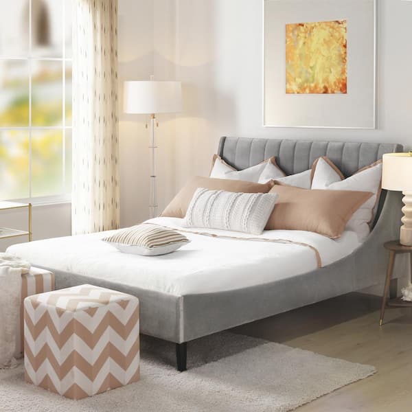 Aspen 63.5 in. Velvet Vertical Tufted Upholstered Queen Modern Platform Bed Frame with Headboard in Opal Grey