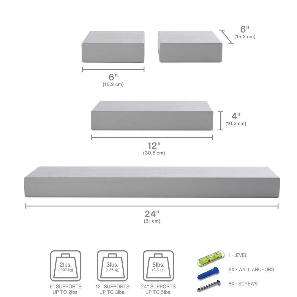 Light Gray Chunky Wood Floating Wall Shelf Set of 4