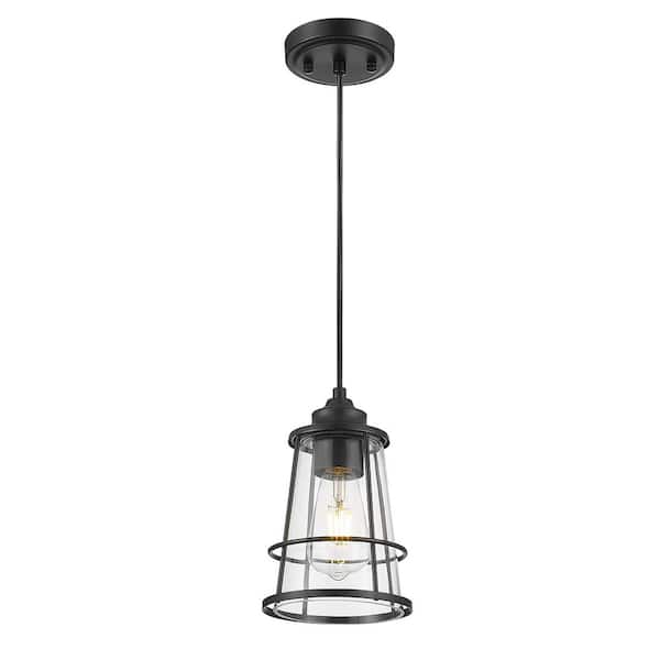 60-Watt 1 Light Matte Painted Black Shaded Pendant Light with Clear Glass Shade, No Bulbs Included