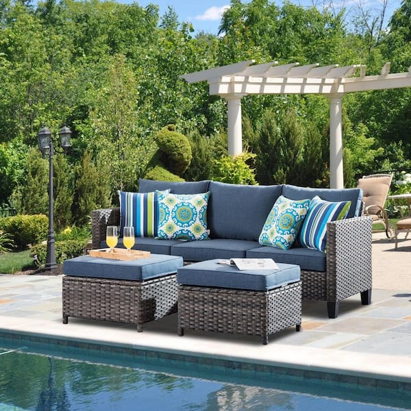 XIZZI Megon Holly Gray 3-Piece Wicker Outdoor Patio Conversation Seating Sofa Set with Denim Blue Cushions