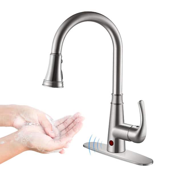 cobbe Touchless Single Handle Gooseneck Pull Down Sprayer Kitchen Faucet with Deckplate Included in Brushed Nickel