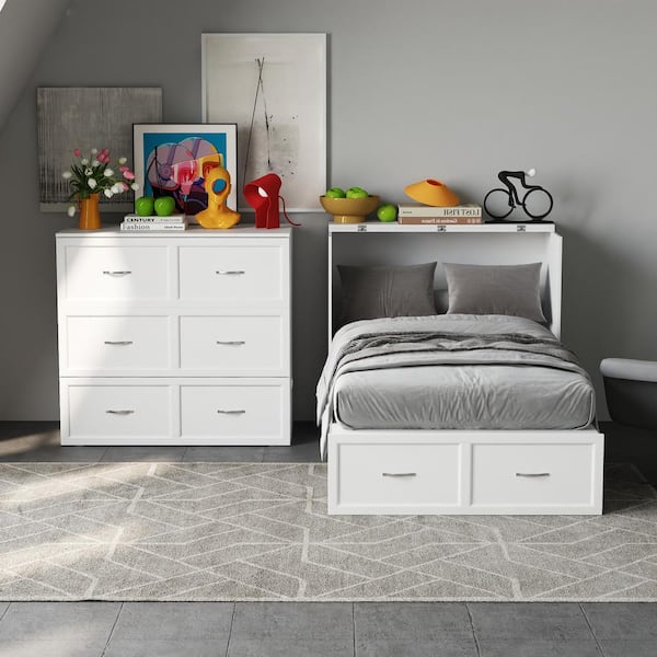 White Wood Frame Twin Size Bed Murphy Beds Chest of Drawer with Drawer, Built-in Power Strip Charging Station and Wheels