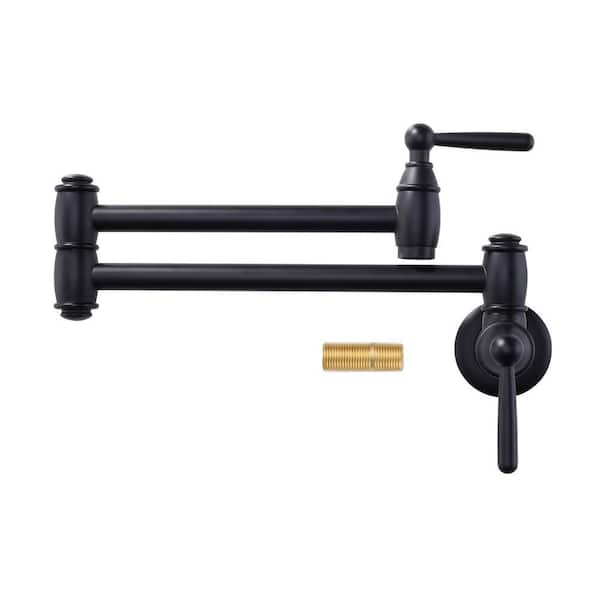 Retro Wall Mounted Brass Pot Filler Stretchable Kitchen Faucet with Double Joint Swing Arm in Matte Black