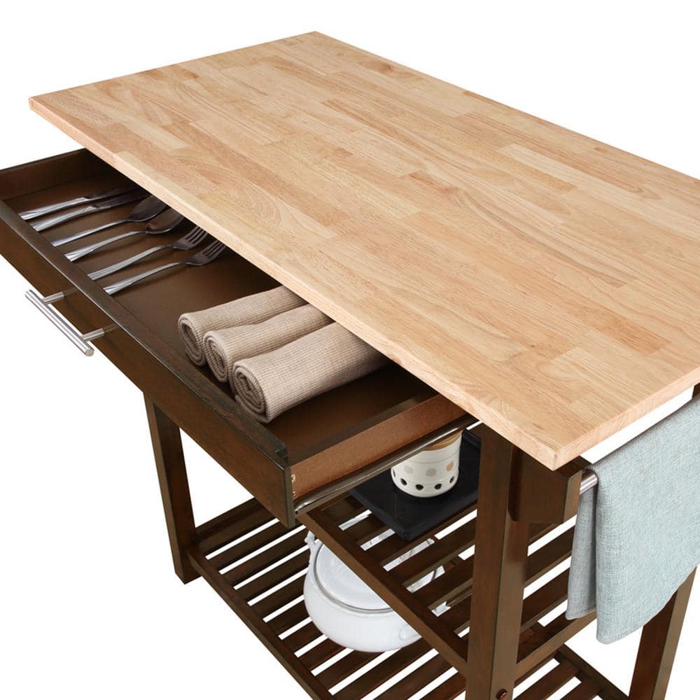 Espresso Solid Wood 3-Tier Butcher Block Kitchen Island with Storage