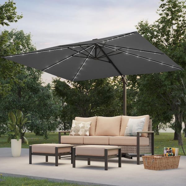 Sonkuki 10 x 8 ft. Metal Solar-powered Cantilever Patio Umbrella with 360° Rotation and Canopy Angle Adjustment in Anthracite