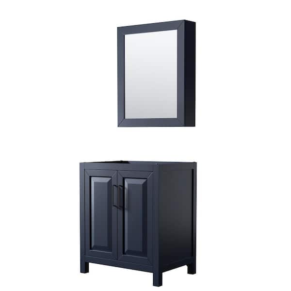 Wyndham Collection Daria 29 in. W x 21.5 in. D x 35 in. H Single Bath Vanity Cabinet without Top in Dark Blue with Med Cab Mirror