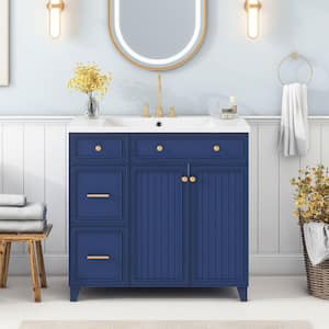 36 in. Transitional Style Freestanding Bath Vanity in Navy Blue with Resin Sink 2-Drawers 1 Storage 2 Soft-Close-Doors