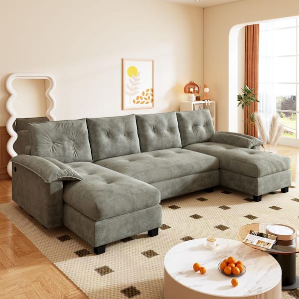 Colbert 104.7 in. Chenille U-Shaped Convertible Sleeper Pull Out Modular Sectional Sofa in Light Grey with USB Charging
