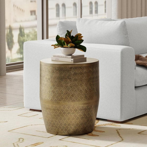 Johnsen 18 in. Wide Cross Hatch Pattern Metal Accent Table in Antique Gold, Assembled