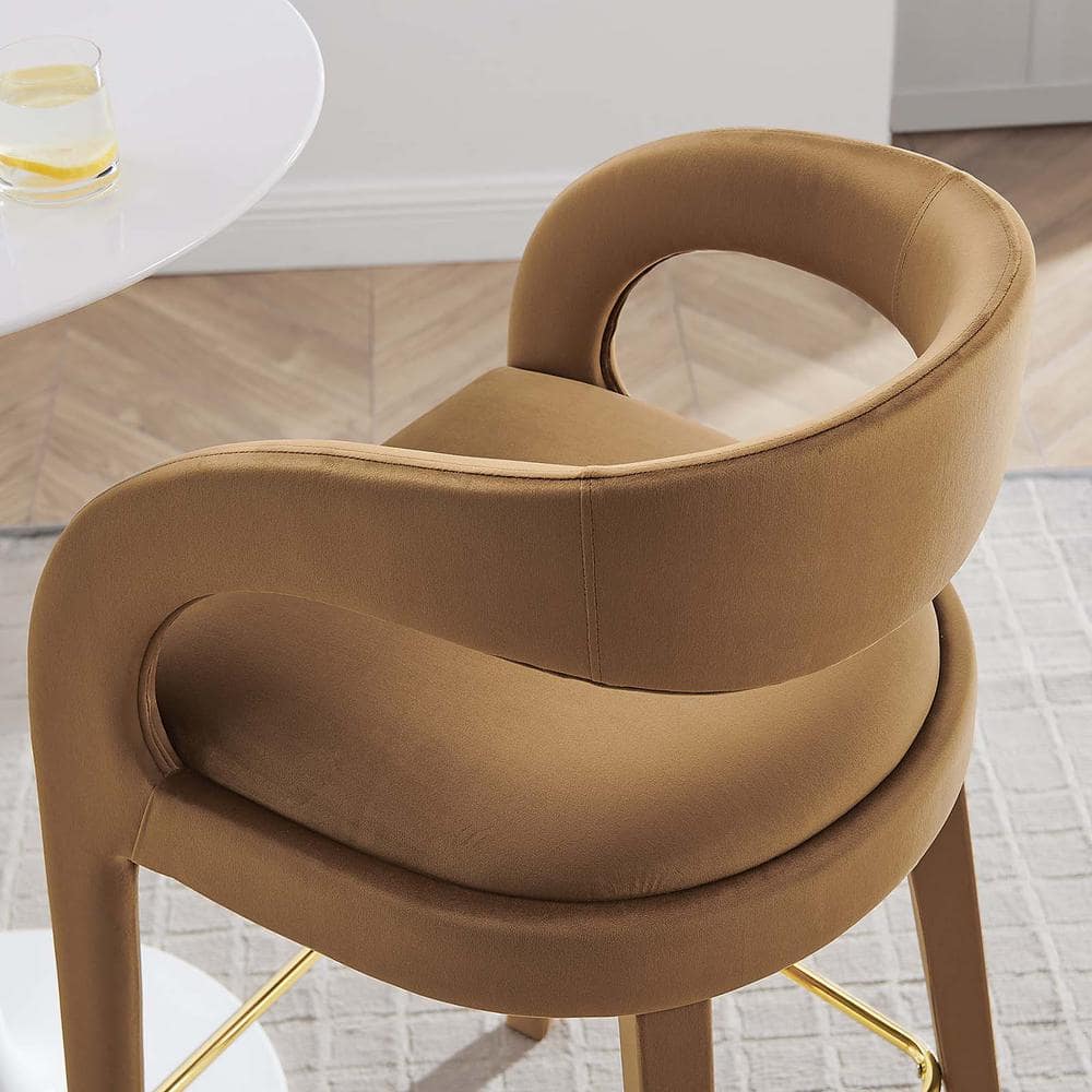 Pinnacle Brown Gold Velvet Bar Stools with Curved Backrest, Set of 2