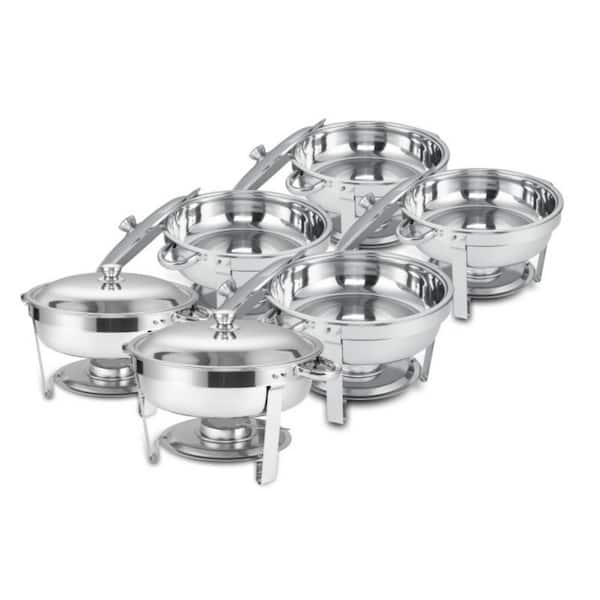 Tileon 5 qt. Silver Stainless Steel Buffet Chafer Dish Set with 6 Full Size Pans Round Catering Warmer Server
