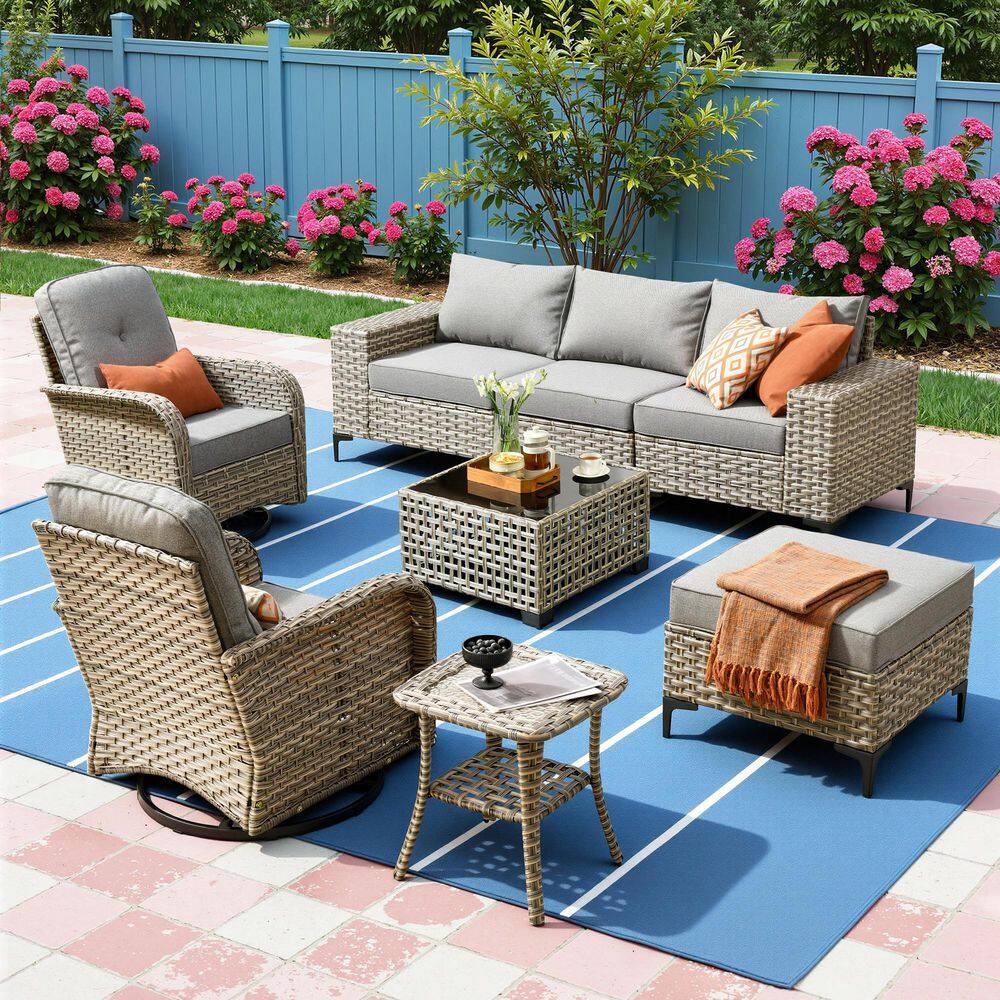 8-Piece Patio Furniture Set All-Weather Sofa Set Gray Wicker Patio Conversation Set w Swivel Chair & Dark Gray Cushion price history on PriceWatchPro