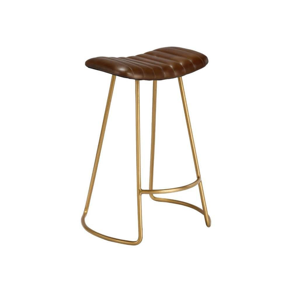 20.5 in. Brown and Antique Brass Backless Metal Frame Counter stool with Leatherette Seat -  Benjara, BM241225