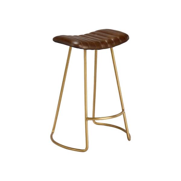 Benjara 20.5 in. Brown and Antique Brass Backless Metal Frame Counter stool with Leatherette Seat