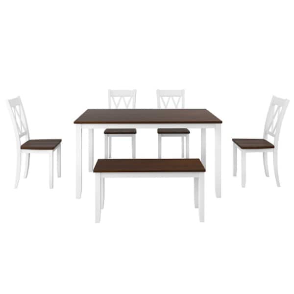 Unbranded White 6-Piece Wood Rustic Table Classical Cross Back Chairs and Long Multifunctional Bench Outdoor Dining Set