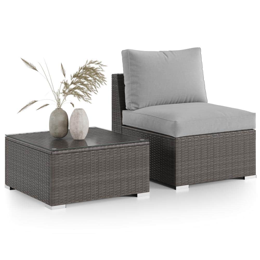 2-Piece PE Rattan Wicker Outdoor Sectional Set with Light Gray Cushion, Arm