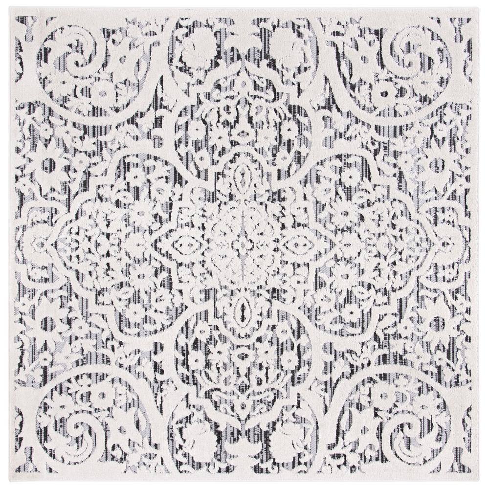 Ivory and Grey Geometric Square Indoor/Outdoor Rug