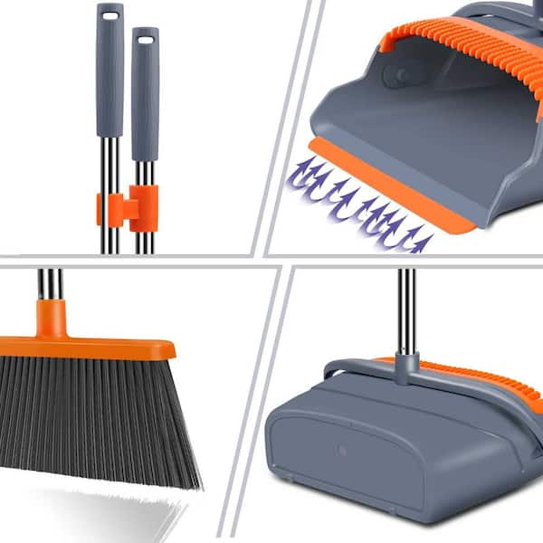 Birdrock Home Broom and Dustpan Set - Lobby Dust Pan - Orange and Grey Durable Set - Indoor or Outdoor - Sweep Combo Great