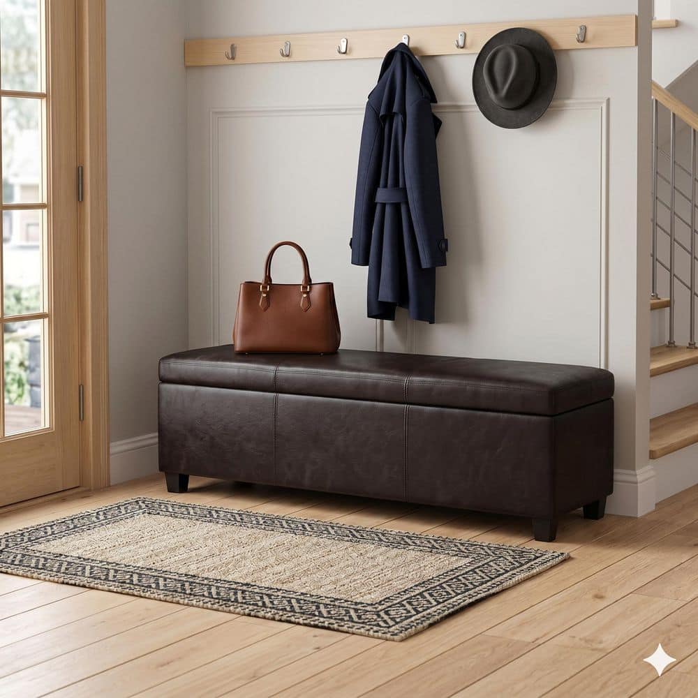 Avalon Tanners Brown Faux Leather Upholstered Rectangle Storage Bench 60 in. W Ottoman
