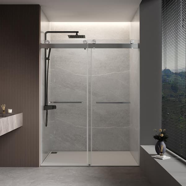 JimsMaison 72 in. W x 76 in. H Double Sliding Frameless Shower Door in Brushed Nickel Finish with Tempered Glass and Buffer