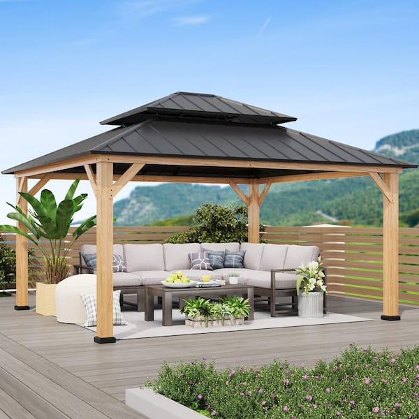 COOS BAY 13 ft. x 15 ft. Outdoor Patio Solid Cedar Wood Hardtop Gazebo Double Roof Galvanized Steel Gazebo Canopy